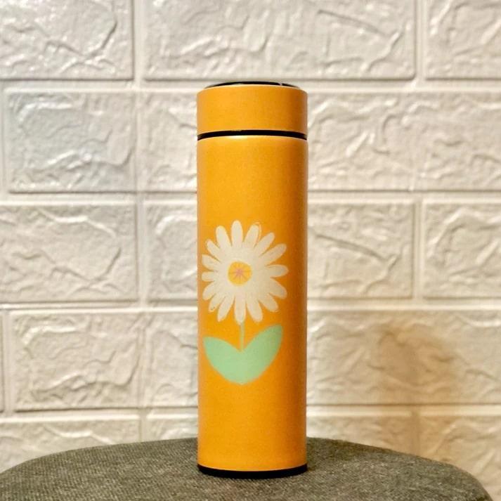 Yellow petal printed digital temperature display water bottle